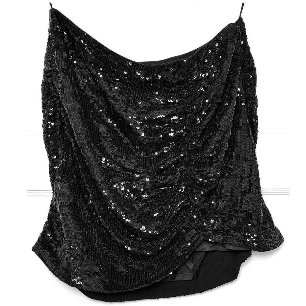 RETROFETE‎ Black Sequin Asymmetric Ruched Hem Bodycon Mini Skirt XL
